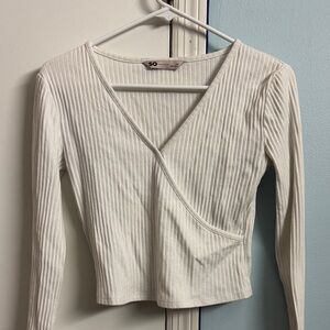 White Ribbed Wrap V-Neck Long Sleeve Top
